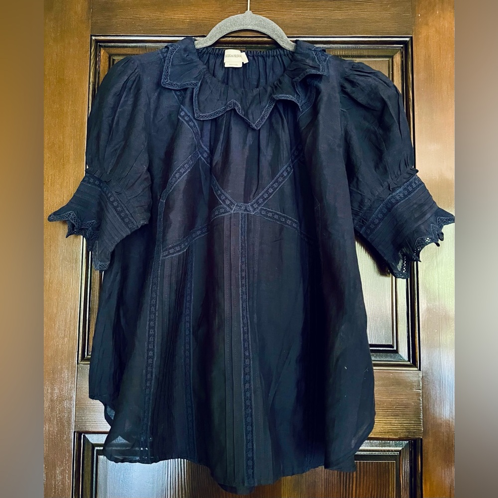 Zadig and Voltaire Tupel Embroidered Pleated Navy Puff Sleeve Top size Medium